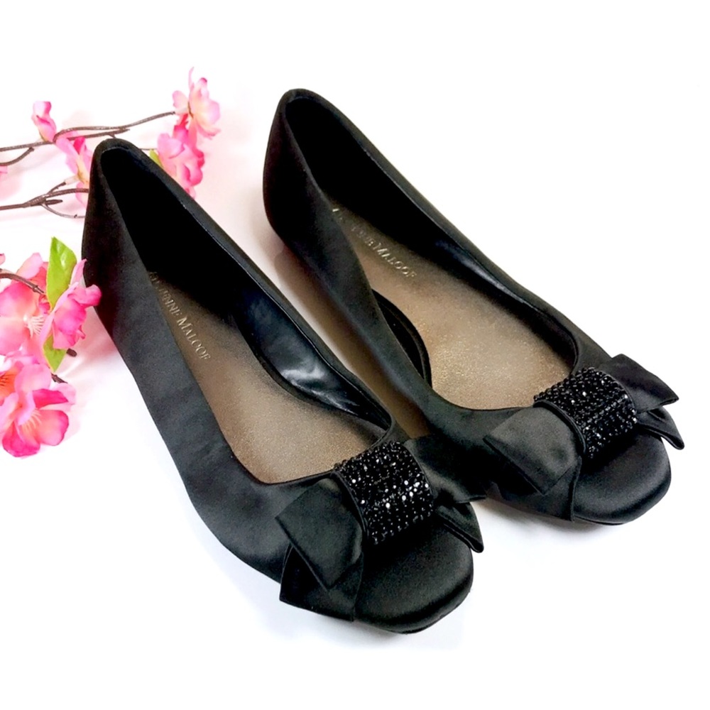 Adrienne Maloof Black Satin Bow Flats Size 7.5